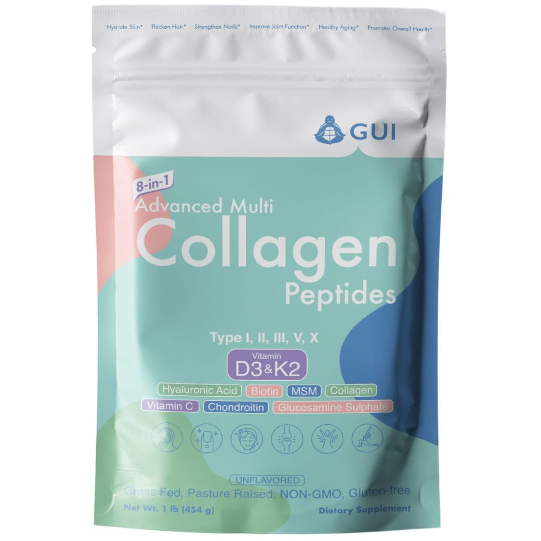 8in1 Advanced Multi Collagen Peptides, 16 Oz - Hydrolyzed Protein | Type I, II, III, V, X with Vitamin D3 & K2, Hyaluronic Acid, Biotin, Vitamin C, MSM, Glucosamine Sulphate & Chondroitin - Unflavored