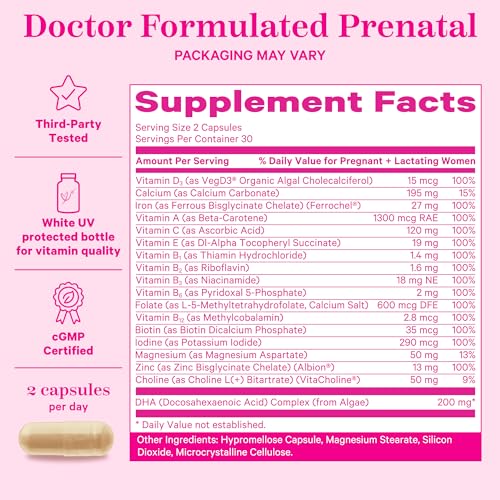 Pink Stork Total Prenatal Vitamins with DHA, Folate, Iron, Choline, and Vitamin B12 - Prenatals for Women to Support Fetal Development, Pregnancy Must Haves - 60 Capsules, 1 Month Supply