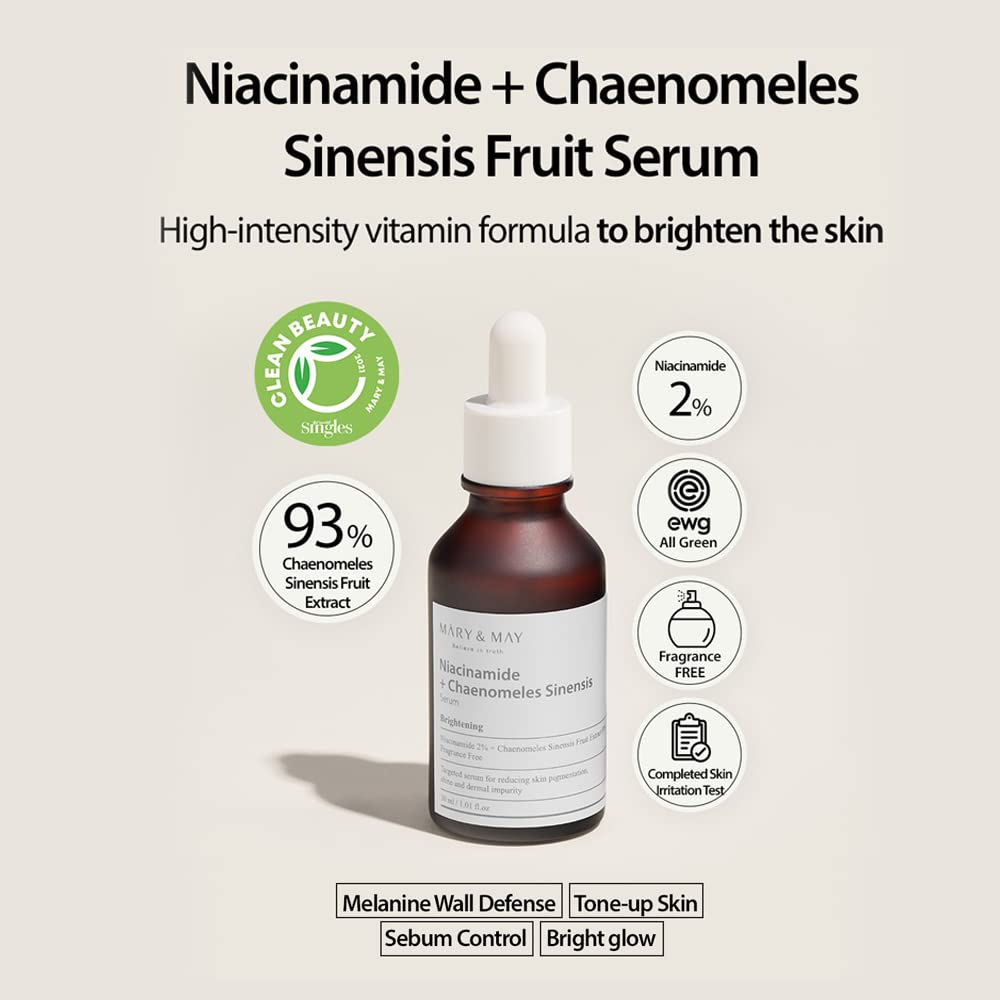 Mary&May Niacinamide + Chaenomeles Sinensis Serum, 2% Niacinamide and 93% Chaenomeles Sinensis extract to improve pigmentation and dermal impurity, Fragrance Free 1.01 fl oz