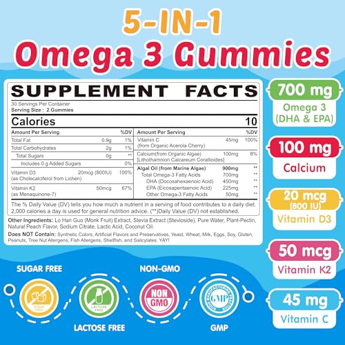 Kids Omega 3 Gummies with Calcium, Vitamin D3 & K2, C, Omega-3 DHA Gummies - Focus and Memory, Bone Growth & Immune Support, Kids Omega 3 Supplement - No Fish Taste, Non-GMO, Chewable, 2 Pack