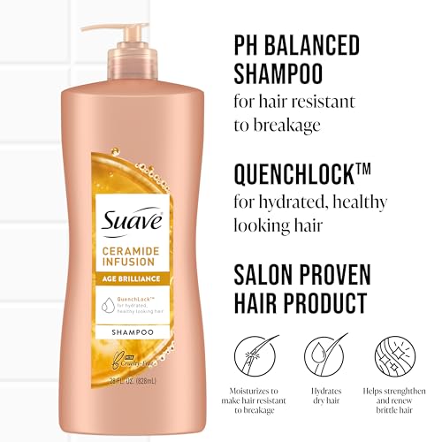 Suave Ceramide Age Brilliance Shampoo, moisturizing and strengthening pH balanced shampoo for women, anti-frizz hair products, anti-breakage treatment, 28 Oz (Pack of 4)