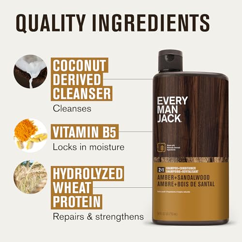 Every Man Jack 2-in-1 Daily Shampoo + Conditioner - Amber + Sandalwood | Nourishing For All Hair Types, Naturally Derived, Cruelty-Free Shampoo and Conditioner Set for Men | 24oz -1 Bottle