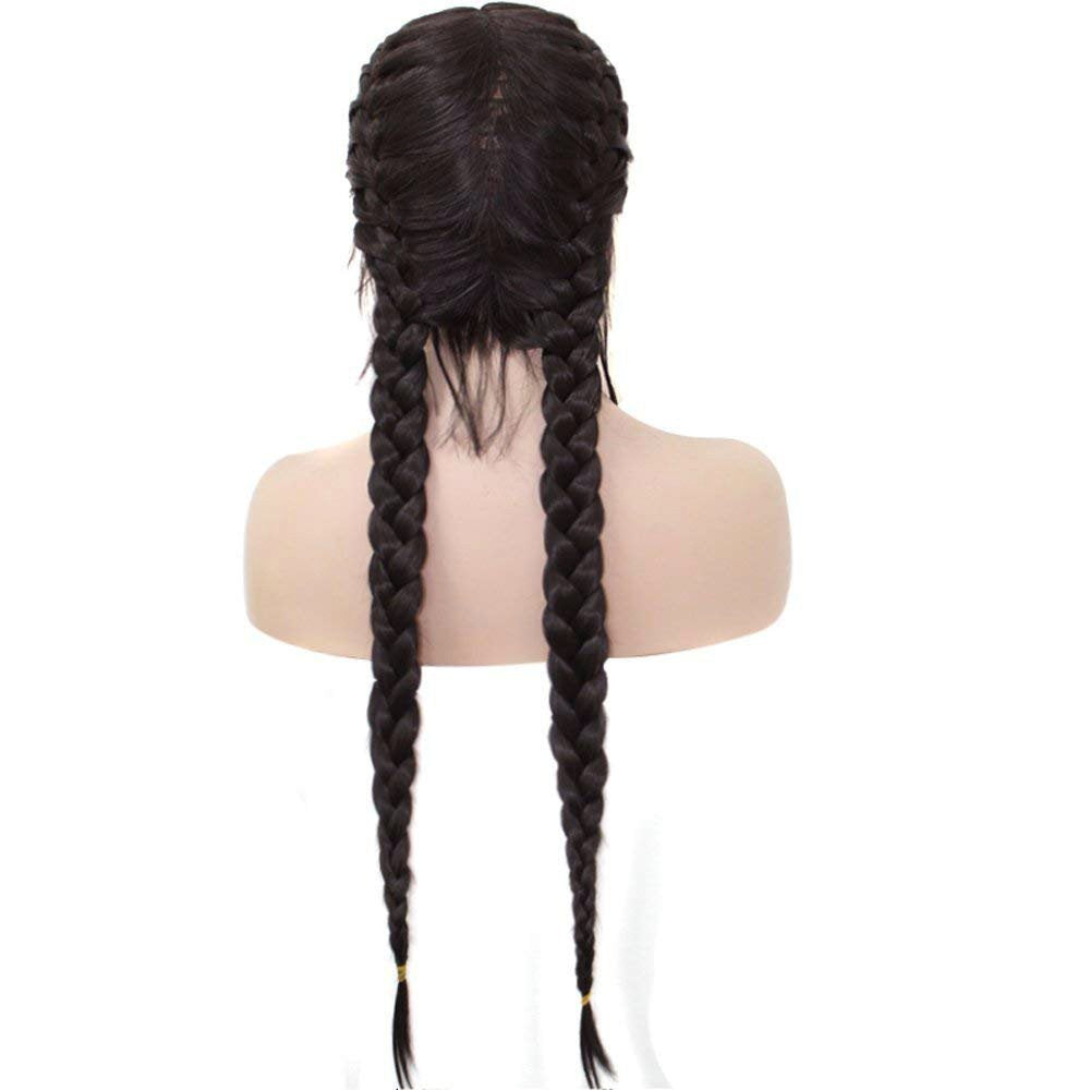 Anogol Hair Cap+Long Double Braids Black Synthetic Braided Lace Front Wig with Baby Hair Wigs Heat Resistant Fiber Middle Part