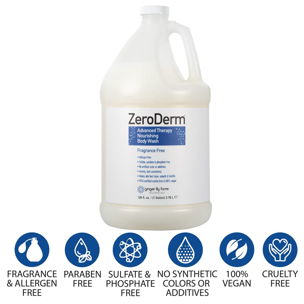 Ginger Lily Farms Botanicals ZeroDerm Advanced Therapy Nourishing Body Wash 100% Vegan Cruelty-Free Fragrance-Free 1 Gallon Refill, Unscented, 128 Fl. Oz.