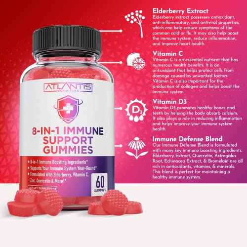 Atlantis Nutrition 8-in-1 Immune Support Gummies with Elderberry | Immune Supplement with Elderberry, Quercetin, Zinc, Vitamin C - Immunity Boosters for Adults & Kids - Delicious Flavor - 60 Count
