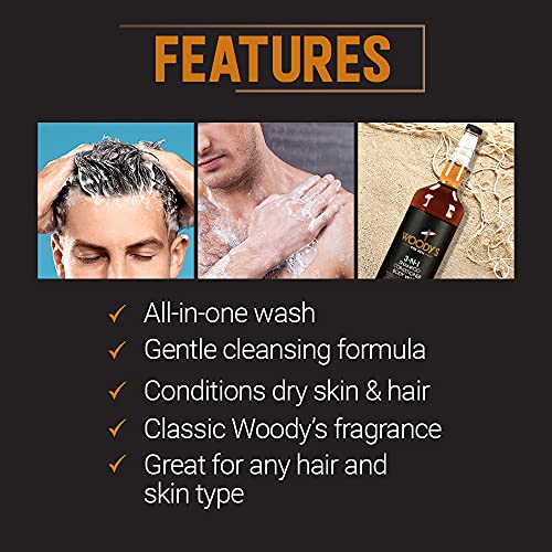Woody's 3 in 1 Body Wash for Men - Shampoo, Conditioner, & Body Wash, Multipurpose Cleanser With Marine Extracts, Cucumber Fruit Extract, and Aloe Vera - 32 Fl Oz