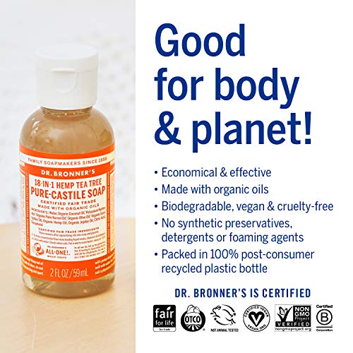 Dr. Bronner's - Pure-Castile Liquid Soap (Tea Tree, 2 ounce) - Made with Organic Oils, 18-in-1 Uses: Acne-Prone Skin, Dandruff, Laundry, Pets and Dishes, Concentrated, Vegan, Non-GMO