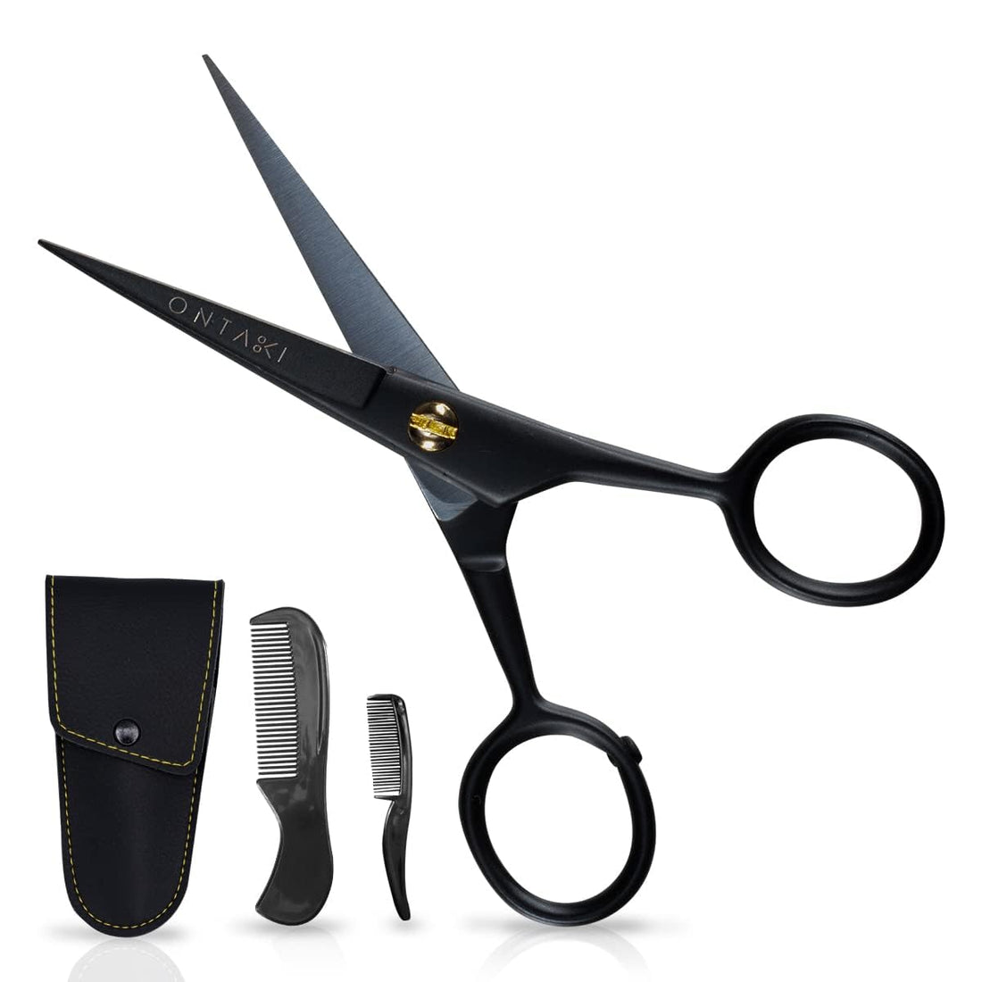 Ontaki 5 Professional German Beard & Mustache Scissors with 2 Comb & Carrying Pouch for Men - Bevel Edge for Precision - Facial Hair Grooming Kit All Body Hair - Black - Beard Trimming Scissors