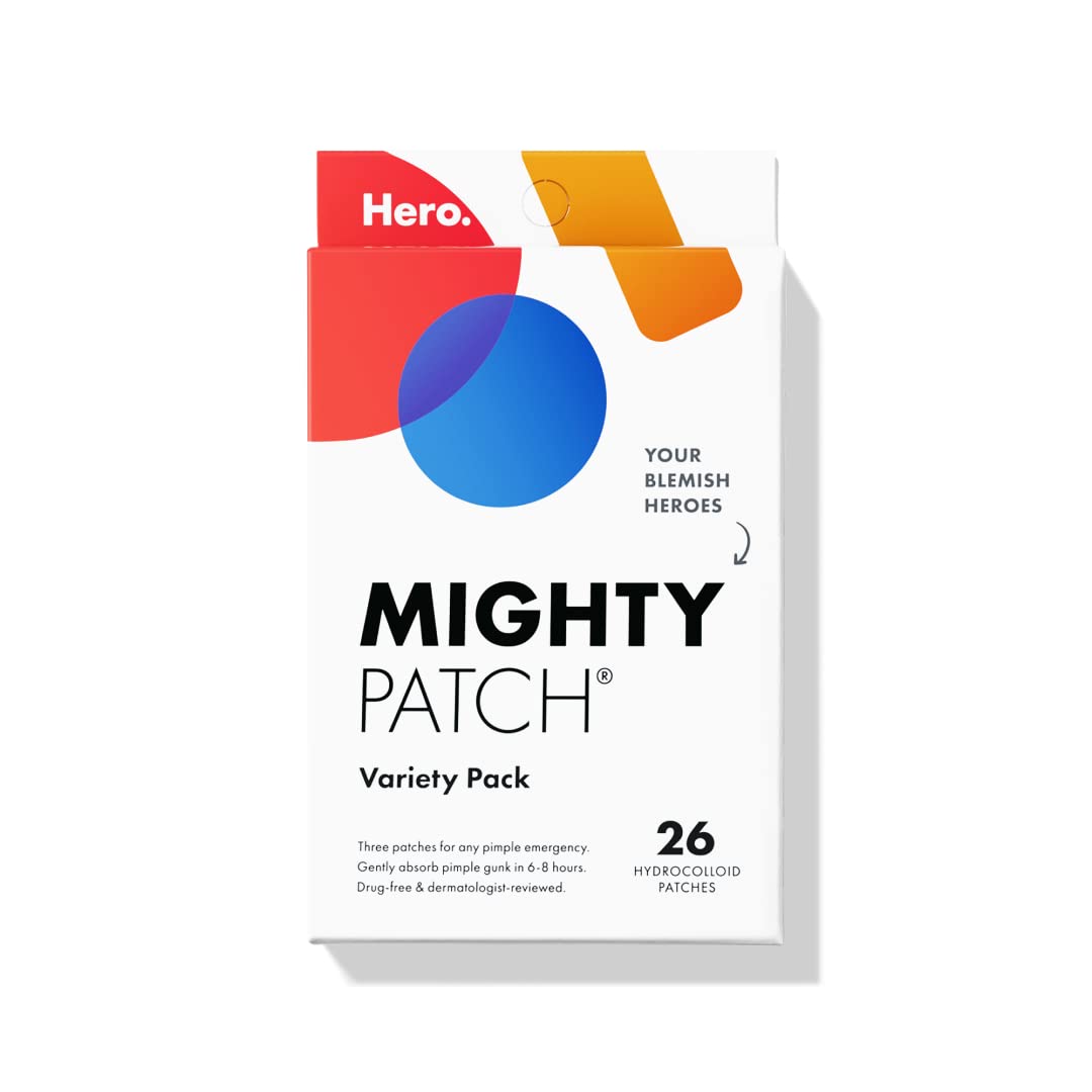 Mighty Patch Variety Pack from Hero Cosmetics - Hydrocolloid Acne Pimple Patches for Covering Zits and Blemishes, Spot Stickers for Face and Skin, Vegan-friendly and Not Tested on Animals (26 Count)