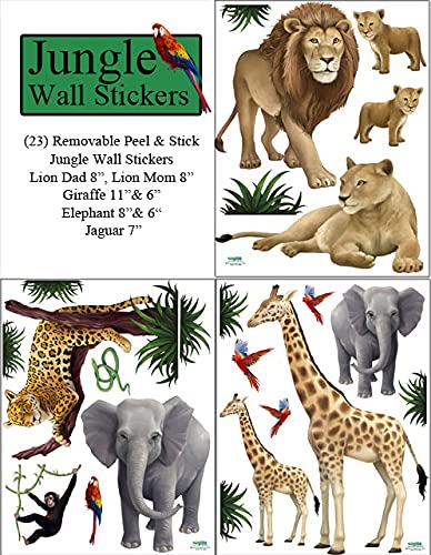 Small Jungle Animal Wall Decals (23) Lion, Elephant, Giraffe, Jaguar, Monkey Peel & Stick Wild Jungle Safari Theme Ideas Kids Room Decor Wall Stickers Birthday Decoration