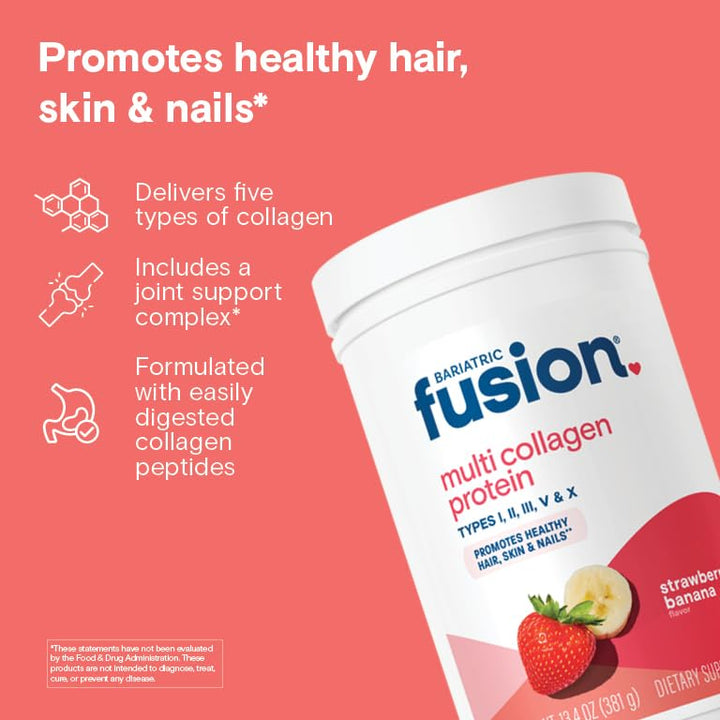 Bariatric Fusion Strawberry Banana Multi Collagen Protein Powder | Plus Joint Support Complex of MSM and Glucosamine | Dairy, Gluten & Soy Free | Non-GMO | 30 Servings