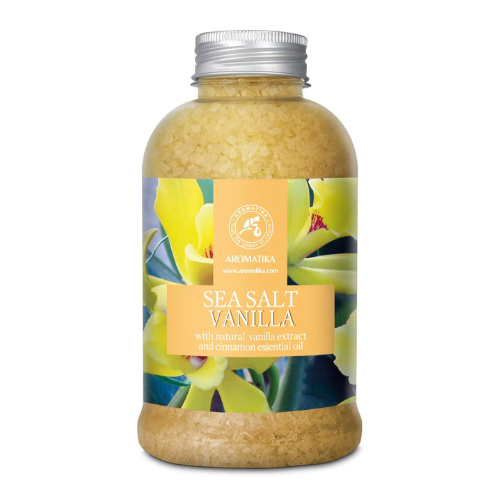 Sea Salt Vanilla 21.16 Oz - w/Vanilla & Cinnamon Essential Oils - Natural Bath Sea Salts - Best for Bath - Good Sleep - Relaxing - Body Care - Beauty