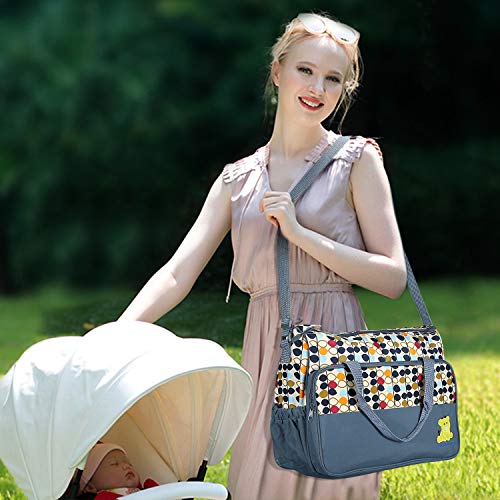 5PCS Diaper Bag Tote Set for Baby Essentials – Large Baby Bags for Mom, Waterproof Maternity Bags with Bottle Bag, Food Bag & Changing Pad (Gray)