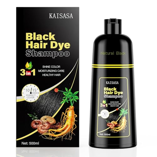 KINGMING Black Hair Dye Shampoo 3 in 1 for Gray Hair, Hair Color Shampoo for Women Men Grey Hair Coverage, Herbal Ingredients Champu Con Tinte Para Canas 500ml (Black).