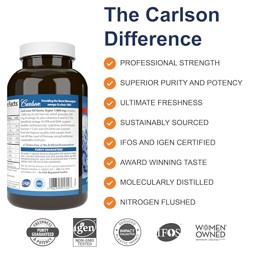 Carlson - Cod Liver Oil Gems, Super 1000 mg, 250 mg Omega-3s, 400 IU (10 mcg) Vitamin D3, Wild Caught Norwegian Arctic Cod Liver Oil, Nordic Fish Oil Capsules, 250 Softgels