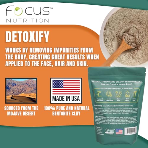 FOCUS NUTRITION Calcium Bentonite Clay - 2 lbs Calcium Bentonite Clay Powder Clay Mask for Face Body Detox Hair Mask Skincare Ancient Healing Clay