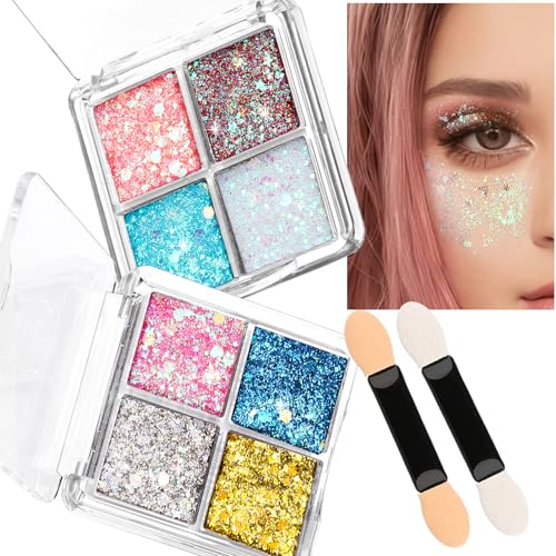 FANDAMEI Face Glitter, Body Glitter for Women, 2 Glitter Palette 8 Colors Glitter Gel for Face, Hair Glitter & Face Glitter for Kids, Fairy Rave Mermaid Glitter Makeup, Glitter for Face, Face Sparkles