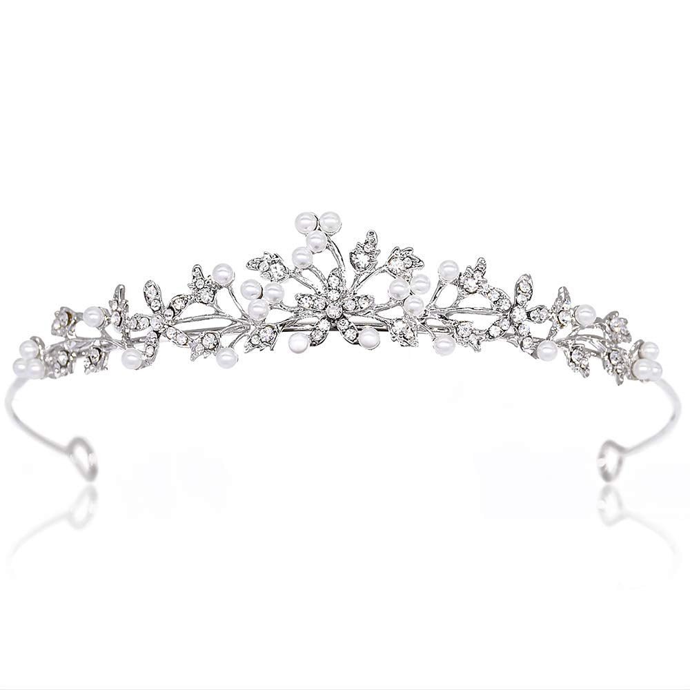 Flower Leaf Faux Pearl Rhinestone Crystal Bridal Tiara Crown Princess Headband For Wedding Prom Silver