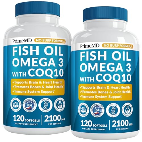 5-in-1 Fish Oil Omega 3 Supplements (2100mg) - Omega 3 Fish Oil with Vitamins D3 & K2 and CoQ10 - EPA DHA Omega 3 Supplement - Lemon Flavored Omega 3 Fatty Acid Supplements, Pack of 2