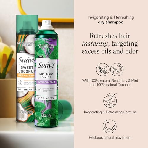 Suave Dry Shampoo Spray Variety 2-Pack – Invigorating Rosemary & Mint, Refreshing Sweet Coconut, 4.3 Oz Ea