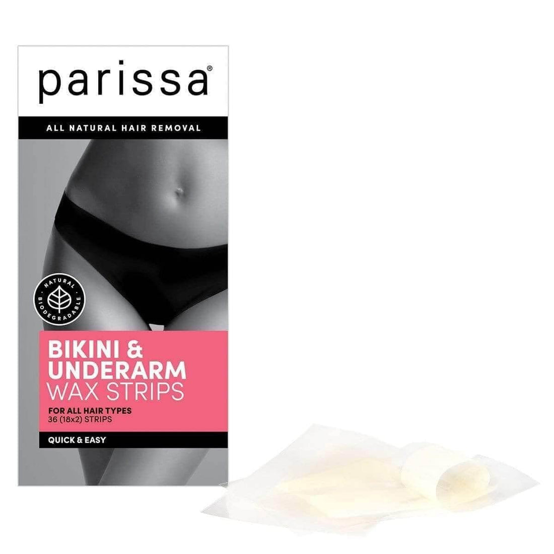 Parissa Bikini & Underarms Wax Strips Kit for Body Hair Removal, At-Home Waxing Kit with 36 Ready-to-Use Assorted Wax Strips, 5ml Aftercare Oil, Suitable for All Hair Types, Biodegradable & Skin-Safe