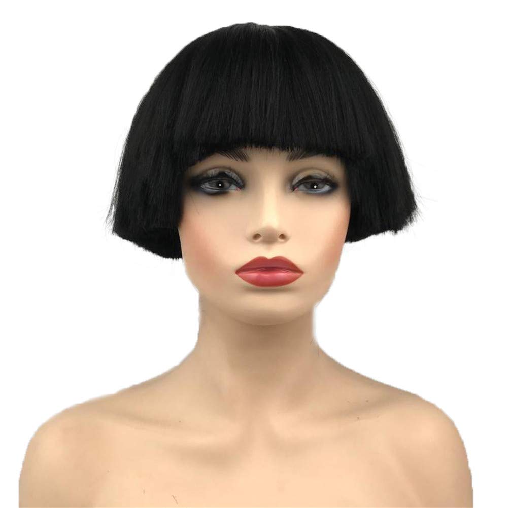 #1B Black: Aimole Short Yaki Straight Synthetic Wigs Black Mushroom Head Wig Bowl Haircut Wigs Bob