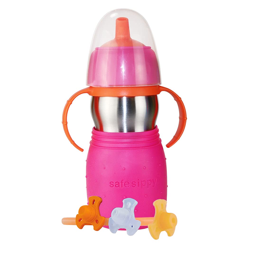 Kid Basix Safe Sippy 2 | Stainless Steel Cup for Babies/Toddlers | Convertible Sippy or Straw | Dishwasher Safe | 11 Oz. | Bpa Free | Pink