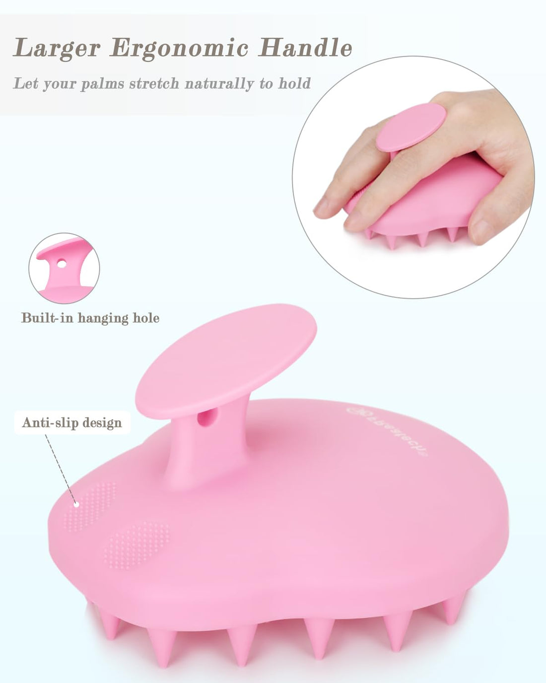 FREATECH Hair Scalp Massager Shampoo Brush (One Piece of Solid Silicone), Fine Scrub to Exfoliate, Fits Perfectly to The Scalp and Palm, Dandruff Removal and Hair Growth, Hygienic & Sturdy, Pink