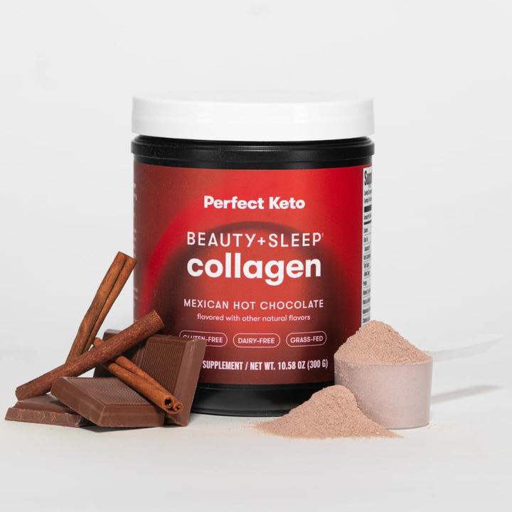 Perfect Keto Beauty + Sleep Grass Fed Collagen Peptides Protein Powder with Ashwagandha, Magnesium, Biotin, Hyaluronic Acid, L Theanine, Hair, Skin, Nails & Relaxation Support, Mexican Hot Chocolate