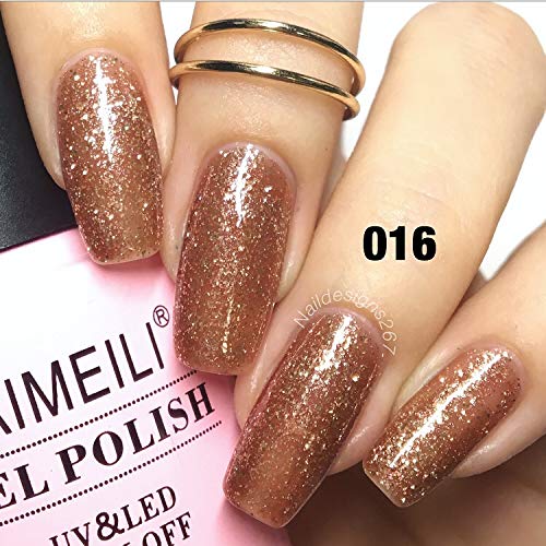 AIMEILI Shellac Soak Off UV LED Gel Nail Polish - Tinsel Toast Gold Diamond (016) 10ml