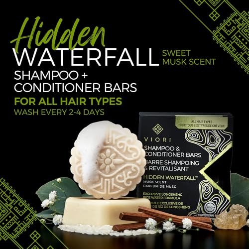 Viori Hidden Waterfall Shampoo and Conditioner Bar Set Made with Rice Water - Handcrafted Sulfate Free Shampoo and Conditioner
