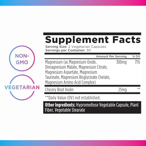 Livingood Daily Magnesium 300mg - High Bioavailability Magnesium Complex - Magnesium Citrate, Malate, Glycinate, Oxide, & Chicory Root Inulin - Muscle Relaxation, Nerve, & Heart Health - 60 Capsules