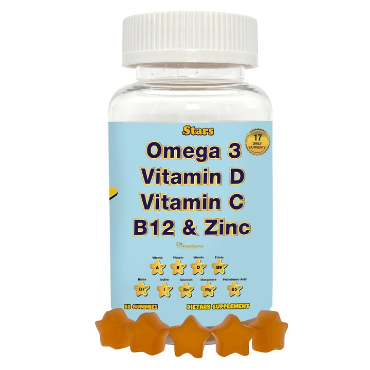 Adult Multivitamin Gummy with Omega 3, Chewable Multivitamin with Selenium, Vitamin A, B, C, D, Biotin, Multivitamin for Women, Multivitamin for Men, 60 Star Shaped Multivitamin Gummies