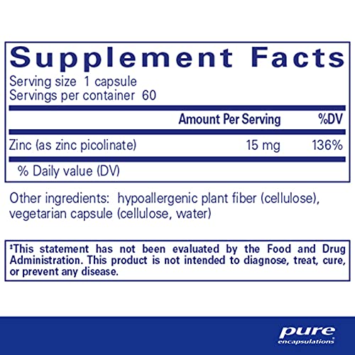 Pure Encapsulations Zinc 15 mg - Zinc Picolinate Supplement for Immune System Support, Growth & Development - for Wound Healing - with Premium Zinc Picolinate - 60 Capsules