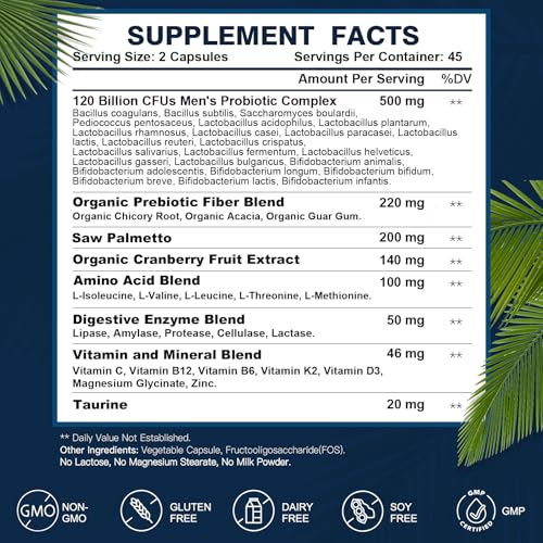 Probiotics for Men Digestive Health, 120 Billion CFUs Mens Probiotic with Digestive Enzymes & Prebiotics & Saw Palmetto & Cranberry for Gut, Prostate & Urinary Tract Health, Shelf Stable, 90 Capsules