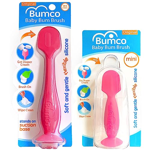 Bumco Baby Bum Brush + Mini Baby Diaper Cream Spatula with Case - BPA-Free Silicone Diaper Spatula with Suction Cup, Wipe-Clean, Mom-Invented Butt Paste Applicator (Pink & Pink)