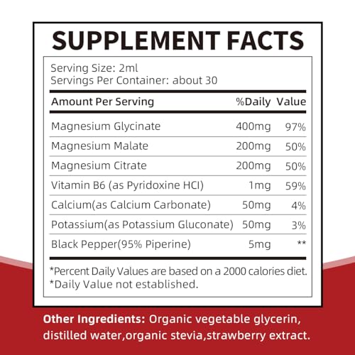 (2 Fl Oz) Magnesium Glycinate, Citrate, Malate, 900mg Triple Magnesium Liquid Supplement with Potassium, Calcium, Vitamin B6 for Calm, Sleep, Muscle, Energy- Sugar Free