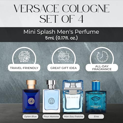 Versace Cologne for Men Set of 4 Mini Eros, Pour Homme, Dylan Blue, Eau Fraiche Perfume for Men Fragrance Sampler Set - Designer Mens Cologne Samples (4 Count, 0.17 oz)