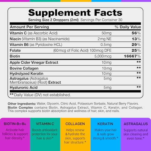 Liquid Biotin 5000mcg Drops – 80,000mcg Hair Growth Vitamins with Astragalus Collagen & Keratin, Extra Strength Hair Skin and Nails Vitamins - Biotin and Collagen Supplements for Women & Men - 2 fl oz