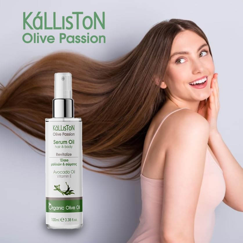 Kalliston Revitalizing Hair and Body Serum Oil with Organic Olive oil, Avocado Oil, Almond Oils and Vitamin E, Violet and Jasmine, Vanilla Scent, 100 ml (3.38 oz) Spray bottle, Clear