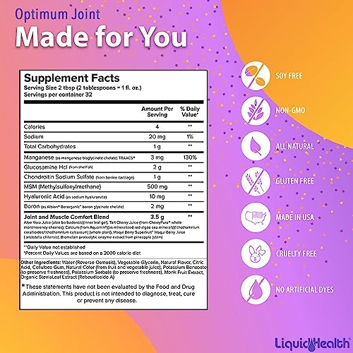 LIQUIDHEALTH Optimum Joint Support Liquid Multivitamin with Glucosamine, Chondroitin, MSM, Hyaluronic Acid - Increase Mobility, Joint Comfort, for Runners & Athletes, Sugar-Free, Vegan (2 Pack)