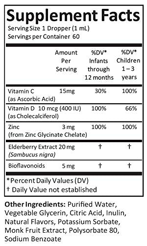 Kiddivit Baby Zinc Liquid Drops with Elderberry, Vitamin D3 & C - 60 Daily Servings, 2 Fl Oz (60 mL) - Inulin Fortified (Prebiotic, Dietary Fiber) - Sugar Free, Gluten Free, Vegetarian Friendly