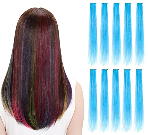 Liasun LiaSun 10Pcs/set Multi-Colors Straight Highlight Clip in Hair Extensions 20 Inch Colored Party Hair Pieces (Sky blue)
