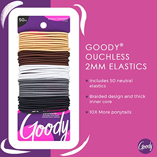 Goody Ouchless Elastic Hair Ties - 50 Ct, Assorted Neutrals, 2MM Rubber Bands for Hair, Pain-Free Hair Accessories for Women & Men, Made for Long-Lasting Braids, Ponytails & More, For Fine Hair