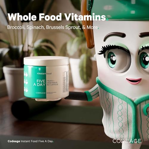Codeage 5 Servings of Fruits & Veggies Equivalent in 1 Single Capsule - Whole Food Instantfood with 15 Greens & Fruits in All-in-One Pill, Eat Vegetables - Vegan Vitamins Supplement - Non-GMO - 30 ct