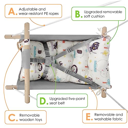 Canvas Baby Swing for Infants to Toddlers,Indoor Outdoor Wooden Hanging Swing Seat with Safety Belt and Mounting Hardware, Suitable for Ages Up to 3,Cute Animal