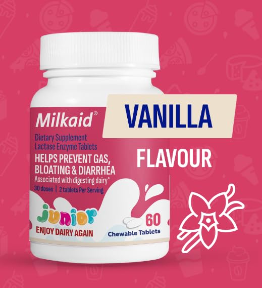 Milkaid Junior Lactase Enzyme Chewable Tablets for Lactose Intolerance | Prevents Gas, Bloating, Diarrhea in Children| Fast Acting Dairy Digestive Supplement for Kids| 60 ct (60 Tablets, Vanilla)