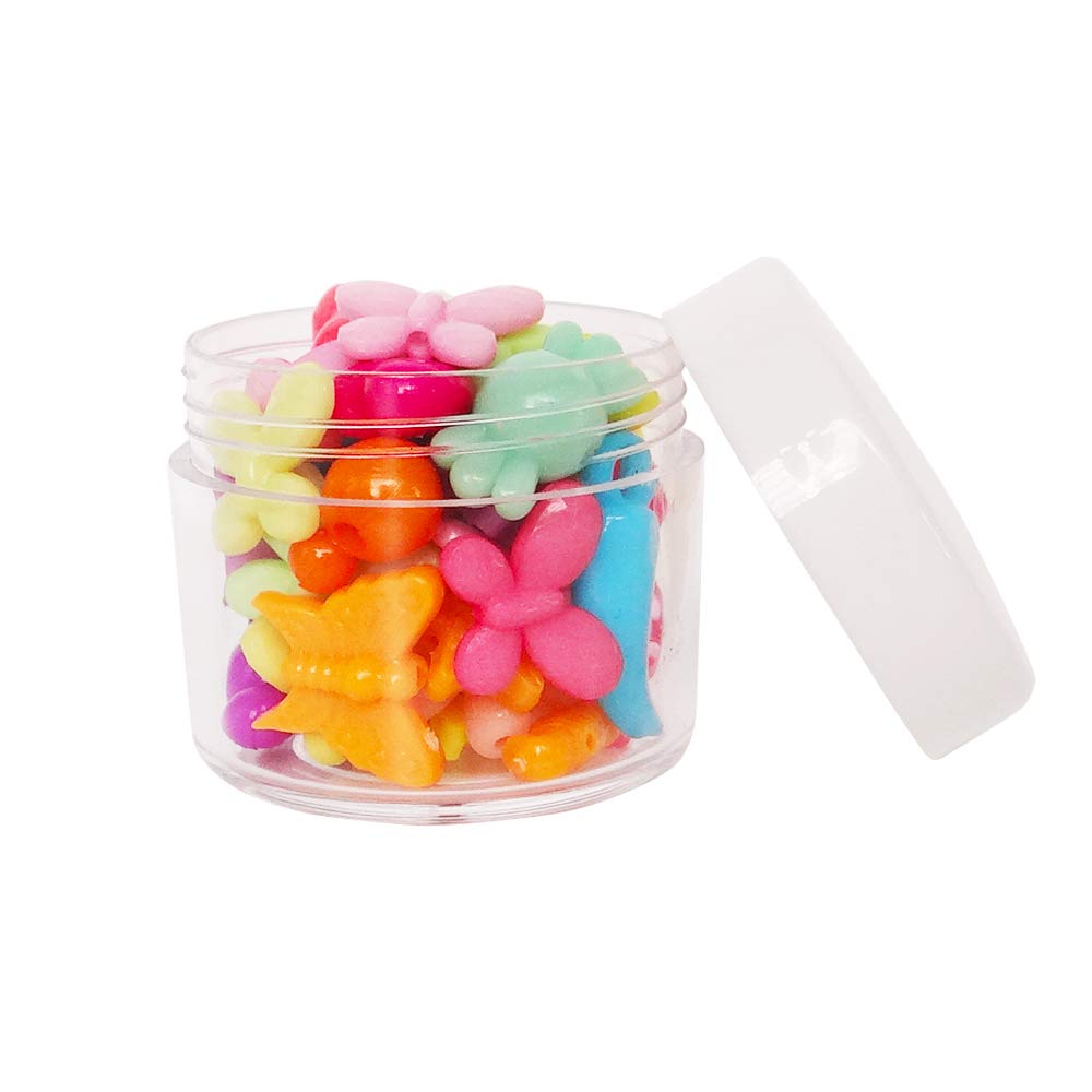 GreatforU 16pack 20g Empty Sample Jars, 20ml Small Plastic Refillable Cosmetic Container for Makeup Eyeshadow Jewelry Cream Slime Bath Lotions Oils, Clear Round Pot w/ WHITE Lid, Free Spatulas +Label