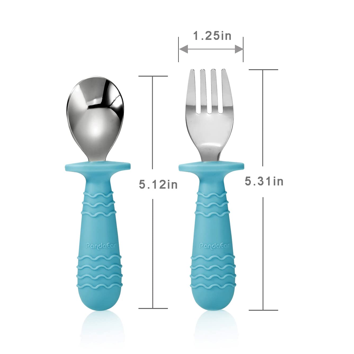 PandaEar 4 Set Baby Toddler Silicone Stainless Steel Utensils Silverware Spoon Fork for Baby Toddler BPA Free with Silicone Holding Anti-Choke Design (Blue&Grey)