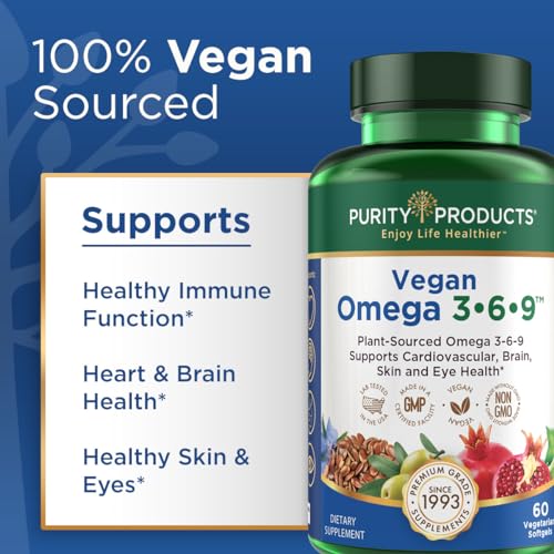 Purity Products Omega 3-6-9 Vegan and Vegetarian Omega Formula - “5 in 1” Essential Fatty Acid Complex - Scientifically Formulated Plant-Based Omega 3 6 9 Essential Fatty Acids (EFA) - from (60)